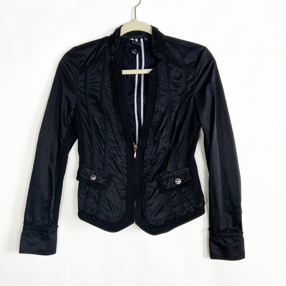 WHBM Ruffle Black Zip Cropped Long Sleeve Deep V Neck Nylon Lightweight Jacket